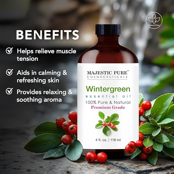 MAJESTIC PURE Wintergreen Essential Oil | 100% Pure and Natural Oil | Premium Grade Essential Oils for Hair Care, Home Diffusers, Skin, Aromatherapy, Massage and Humidifiers | 4 Fl Oz