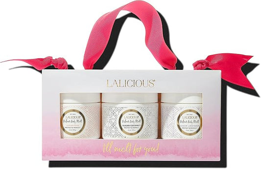 LaLicious Velour Body Melt Gift Set - 3-Piece Gel-to-Oil Body Moisturizer Skin Care Kit with Vitamin E & Macadamia Nut Seed Oil - Shave Oil, Hand & Foot Mask, Hair & Scalp Mask & More (3 Piece Kit)