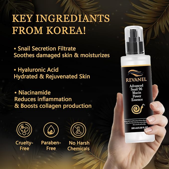 Snail Mucin 96% Power Essence, 100ml Hydrating & Repairing Facial Serum for All Skin Types, Korean Skincare Product for Hydrating, Healing No Parabens & Cruelty-Free