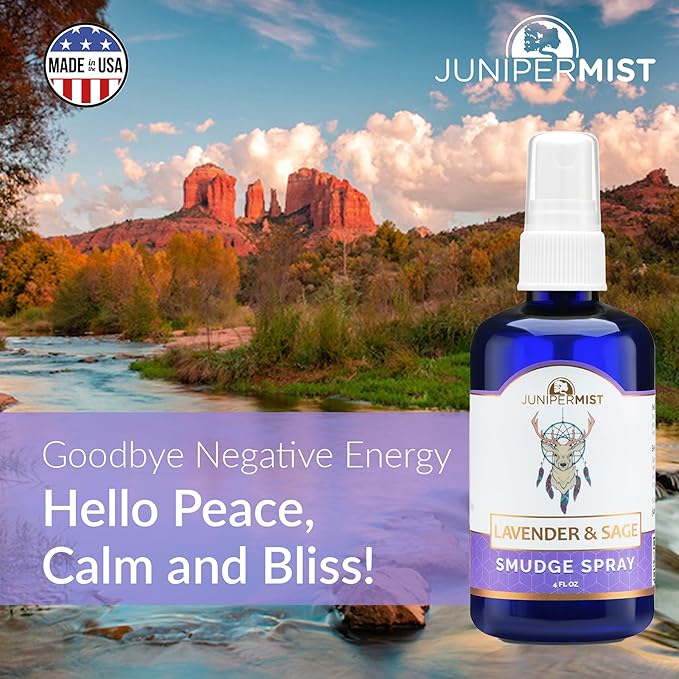 Sage Smudge Spray with Lavender (4 Fl Oz) - for Cleansing Negative Energy - Sage Spray Alternative to Smudge Sticks - Sustainably Made in USA with Pure Essential Oils and Real Crystals