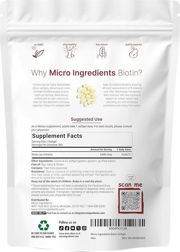 Micro Ingredients Biotin 5,000mcg | 365 Virgin Coconut Oil Softgels, Fast Release, One Year Supply | Supports Healthy Hair, Skin, & Nails | Non-GMO, No Gluten