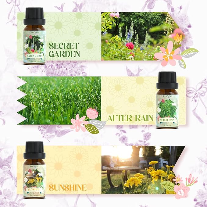 Backyard Fragrance Oils Set, Flower Essential Oil Gift Set for Diffuser, Floral Scent Diffuser Oil, Diffuser Scents Oil for Home-Gardenia, Rose, Lavender, Secret Garden, After Rain,Sunshine