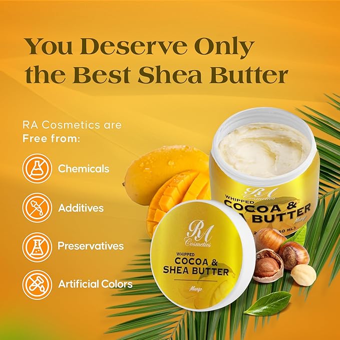 RA COSMETICS Whipped Cocoa & Shea Butter, Mango - 12oz | 100% Pure & Natural Skin Moisturizer with Coconut Oil | Vitamin-Rich Body Butter for Soft, Supple, and Radiant Skin & Healthy Hairs