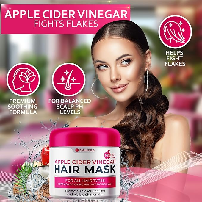 Apple Cider Vinegar Deep Conditioning Mask - Treatment for Dry Damaged Hair and Split End Repair - Sulfate Free Formula with Collagen, Keratin and Argan Oil - For Flaky Scalp and Dandruff Relief