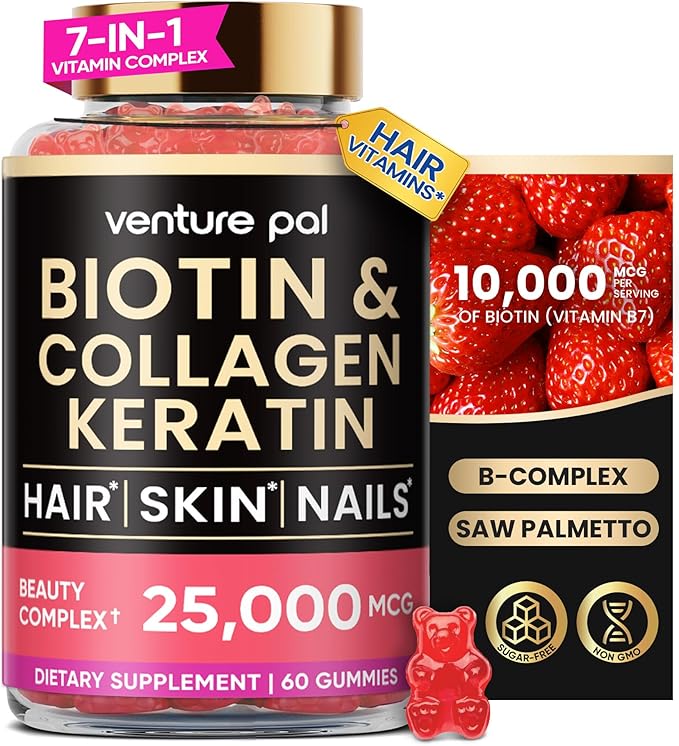 Venture Pal Biotin Gummies with Collagen & Keratin - Hair Growth Support Skin and Nail Strength Vitamins for Women & Men - Biotin 10000mcg | B-Complex | Saw Palmetto - Sugar Free, Non-GMO, 60ct