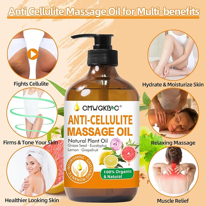 Anti Cellulite Oil Massage Oil for Massage Therapy,Body Oil for Skin Tightening & Cellulite Remover in Thighs and Butt,Cellulite Treatment Massage Oil,Assists with Firming,Toning & Moisturizes Skin