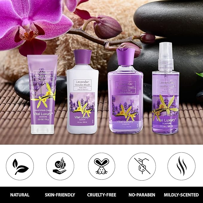 Lavender Vanilla Blush Bath & Body Kit, 3 Fl Oz, Ideal Skincare Gift Home Spa Set, Includes Body Lotion, Shower Gel, Body Cream, and Fragrance Mist,Birthday Mother's Day Gifts