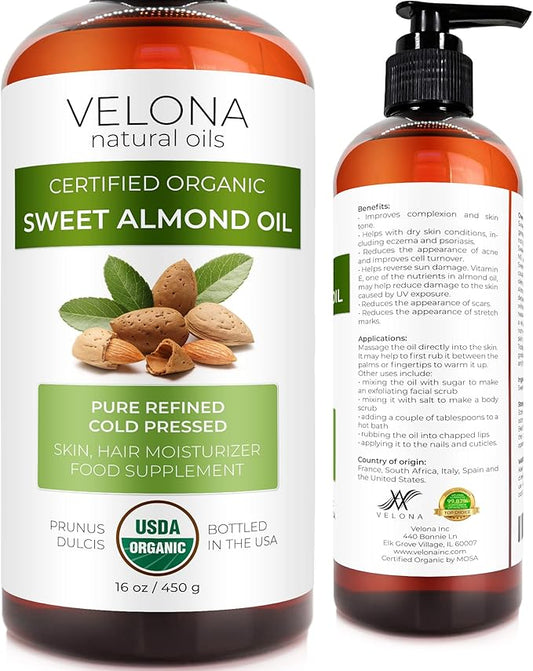 velona USDA Certified Organic Sweet Almond Oil - 16 oz | 100% Pure and Natural Carrier Oil | Refined, Cold Pressed | Skin, Hair, Body & Face Moisturizing | Use Today - Enjoy Results