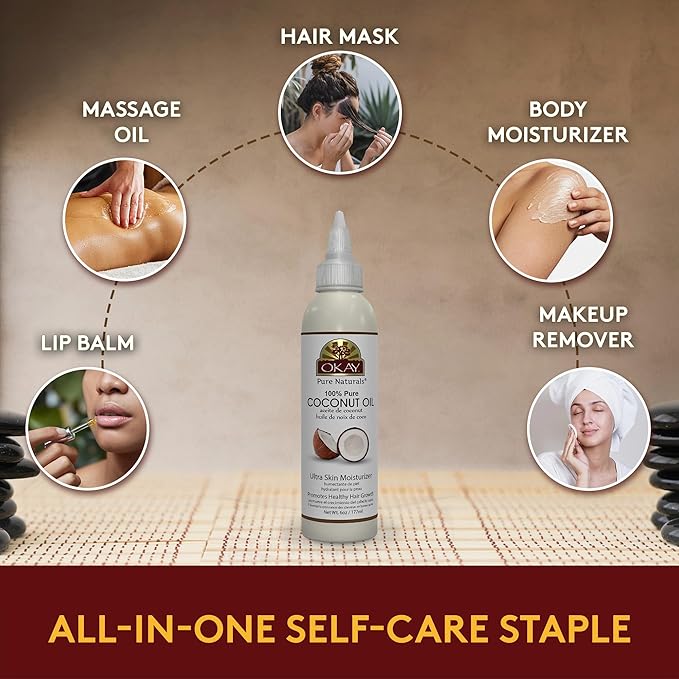 Okay 100% Pure Coconut Oil for Hair & Skin - Coconut Oil for Women & Men, Perfect for Body & Face, for Massage & Moisturizer, Natural - 6 Fl Oz Squeeze Bottle (Pack of 1)