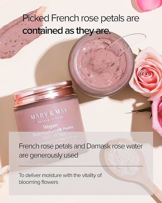 Mary&May Vegan Rose Hyaluronic Hydra Wash Off Mask - Cream Caly Mask for Moisturizing, Pore Purifying, Skin Softening - Korean Skincare, 4.23oz.
