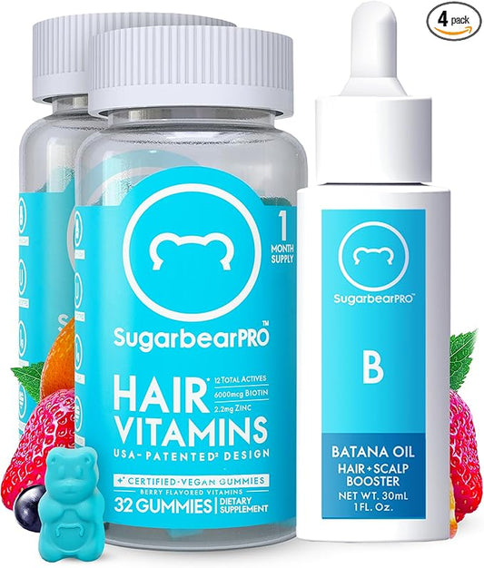 Sugarbear Hair Vitamin Gummy 2 Month Supply & 1 Pure Batana Natural Hair Growth Oil-Extra Strength Biotin 6000mcg, Women, Men, Vegan Vitamin B12, MSM, Inositol, Elderberry, Kosher, Halal, Cruelty-Free