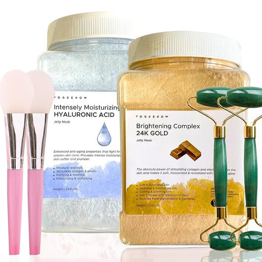 Jelly Face Mask for Facials - 24K Gold + Hyaluronic Acid (Pack of 2) - Hydrating Glowing & Nourishing - Free Jade Roller & Spatula - Professional Hydrojelly Masks -Perfect for Vajacial - 46 Oz Jar