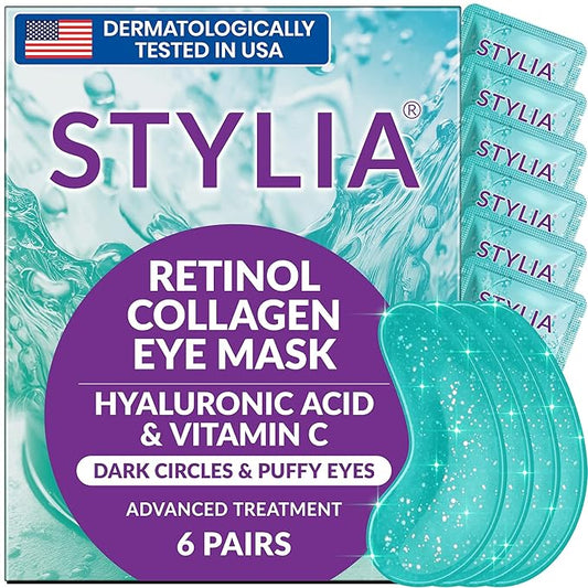 Stylia Under Eye Patches for Puffy Eyes and Dark Circles (6 Pairs) - Marine Collagen Under Eye Mask with Retinol, Vitamin C, Hyaluronic Acid, Pearl Extract - Eye Masks for Dark Circles and Puffiness