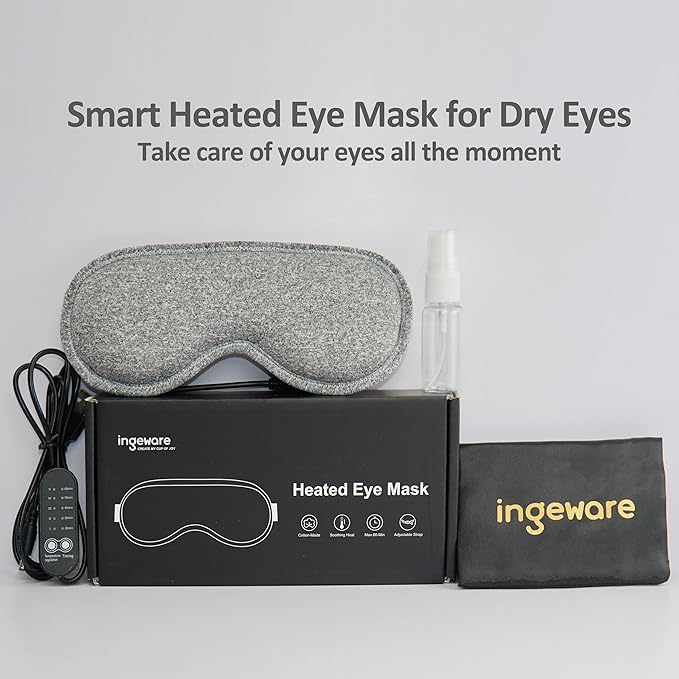 Heated Eye Mask for Dry Eyes, ingeware Eyes Heating Pad with Temperature Timer Control Warm Eyes Compress (Dark Grey)