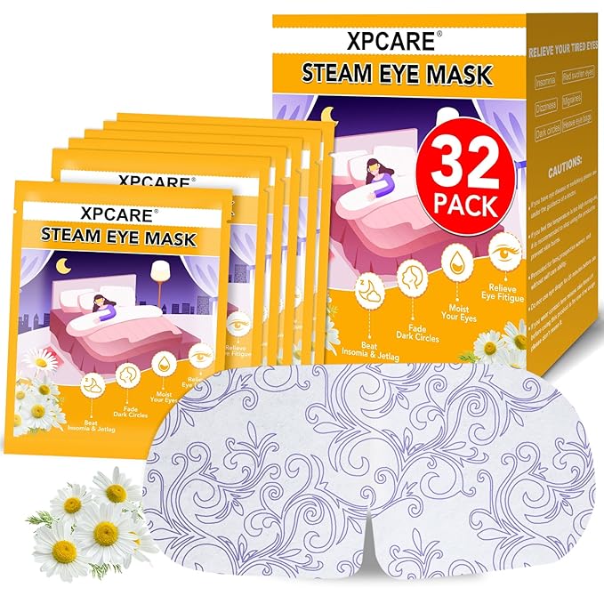 XPCARE 32 Pack Steam Eye Masks for Dry Eyes, SPA Warm Sleep Eye Mask, Disposable Heated Eye Mask for Dark Circles, Puffy Eyes, Relief Stress Eye Fatigue(Chamomile)