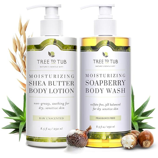 Tree to Tub Unscented Shea Butter Body Lotion for Dry Skin & Unscented Body Wash for Sensitive Skin - pH Balanced Fragrance Free Sensitive Lotion and Body Wash for Women & Men - Sulfate Free