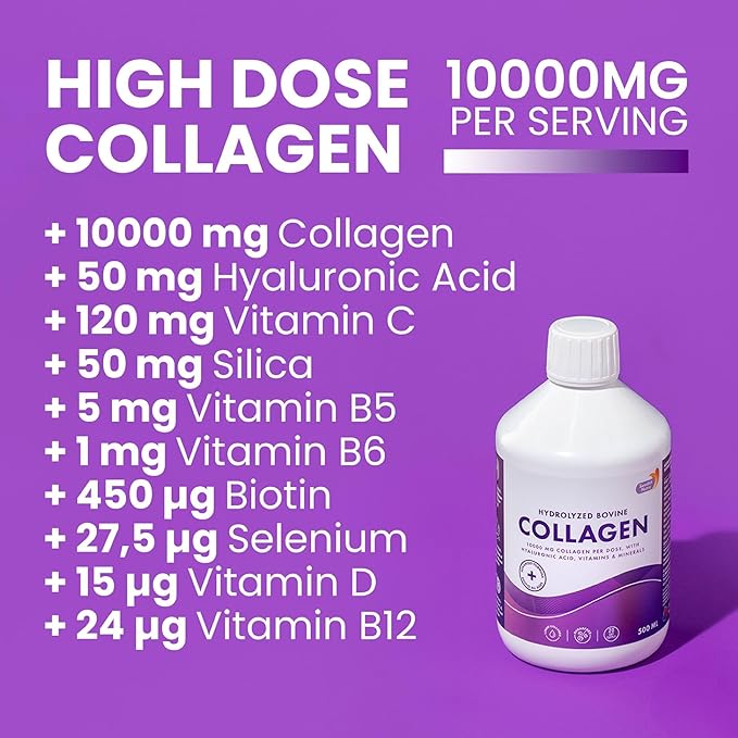 Swedish Nutra - Liquid Collagen 10000mg Sugar-Free 500 ml I Hyaluronic Acid, Biotin I Skin, Hair, Nails I Higher Absorption I Natural Flavour - 20 Day Supply.