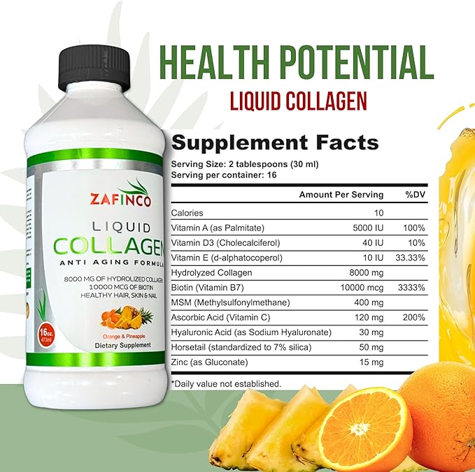 Liquid Collagen for Women & Men-Pine'O'Range Flavored Premium Grade 10000 mcg Biotin+8000 mg of Hydrolyzed Collagen for Radiant Skin Glow,Anti-Aging,Hair Growth & nice Nails.16 fl oz-Made in USA