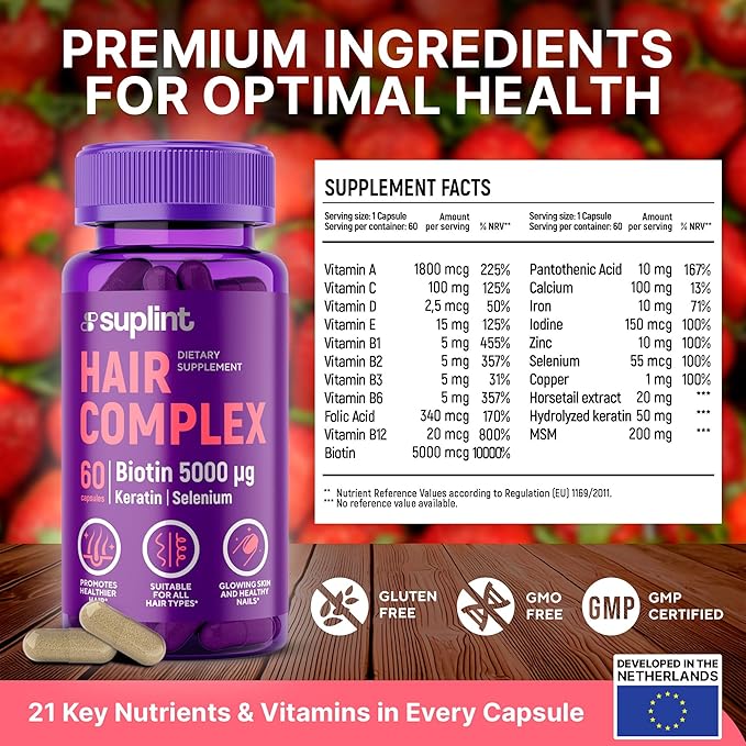 Hair Vitamin Complex with Biotin 5000mcg, Keratin, Selen, Zink | Hair Growth Supplement with Vitamin A, C, D, E, B12 | Hair, Skin & Nail Support Supplement for Women & Men | 60 Capsules