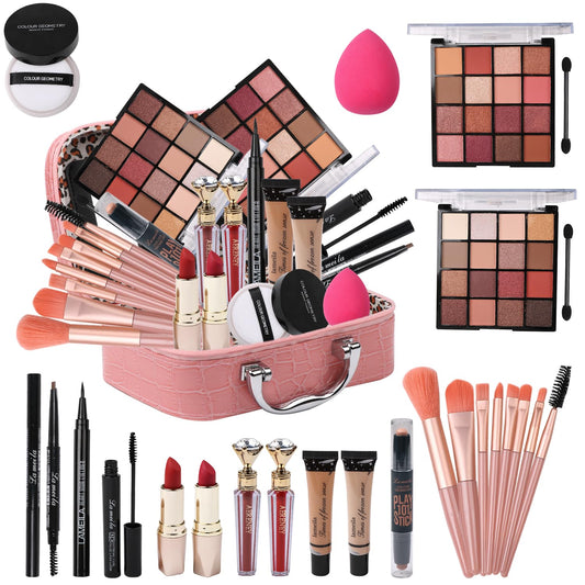 All in One Makeup Kit for Teen Girls - 2X16 Colors Eyeshadow, Liquid Foundation, Eyeliner Pencils, Contouring Stick, Lip Gloss, Eyebrow Pencils & 8pcs Makeup Brushes (Pink)