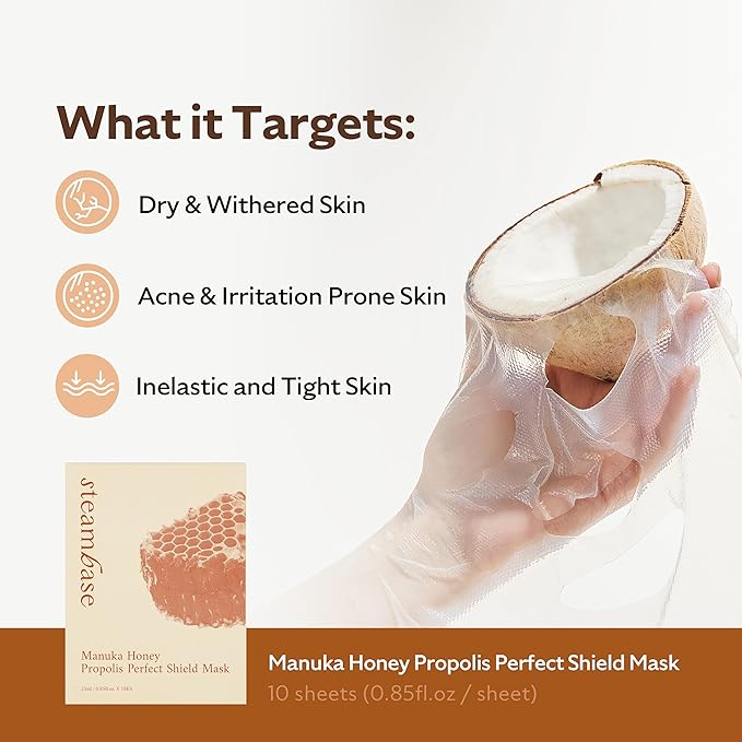 Manuka Honey Propolis Perfect Shield Mask | Face Sheet Mask | Hydrating, Anti-Aging, Cooling, Elasticity, Fine Lines Repair | Facial for Dry and Sensitive Skin | Korean Skin Care | 10 Sheets