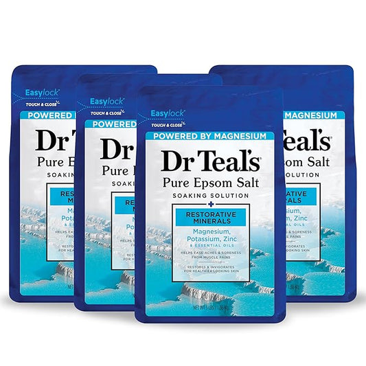 Dr Teal's Pure Epsom Salt, Restorative Minerals with Magnesium, Potassium, Zinc & Essential Oils, 3 lbs (Pack of 4)