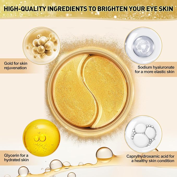 Under Eye Mask, 60 PCS Golden Gel Under Eye Patches for Dark Circles, Undereye Bags, Wrinkles Gel Under Eye Patches Gifts for Women Birthday Gifts for Women