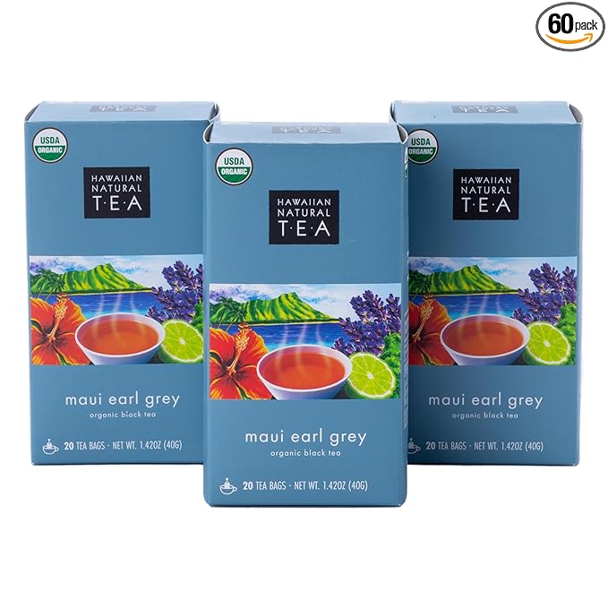 Hawaiian Natural Tea Organic Maui Lavender Earl Grey Tea Bags - Premium Black Tea - Antioxidant Rich - 60 Tea Bags