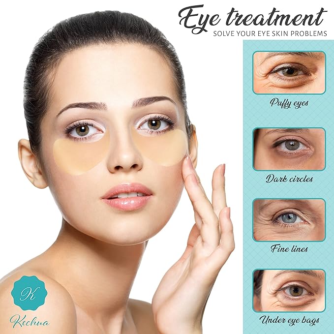 24K Gold Under Eye Patches For Wrinkles- Gold Eye Patches for Puffy Eyes - Dark Circles Under Eye Treatment - Anti-aging Golden Eye Mask with Hyaluronic Acid Vitamin D and E. 60 Eye Masks