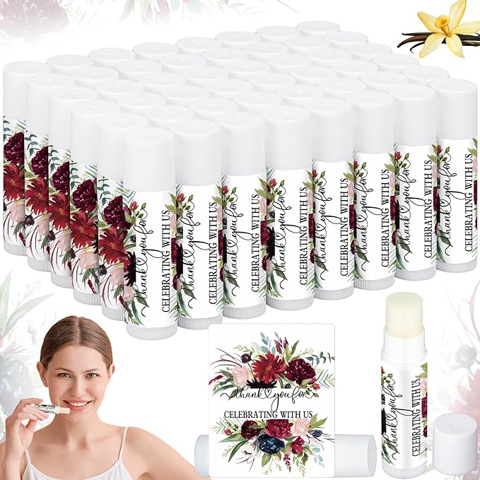 50 Pcs Wedding Bridal Shower Gifts Party Favors Bulk Floral Lip Balm Baby Shower Thank You Appreciation Gifts for Women Tea Bachelorette Party(Wedding Flower)