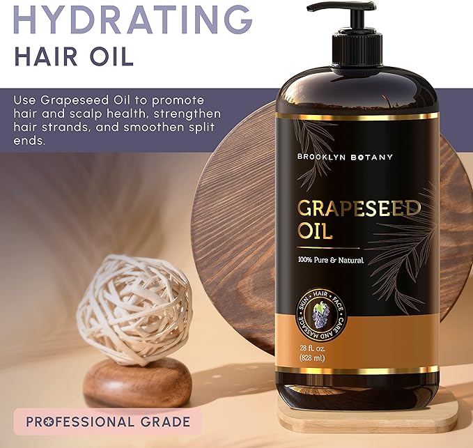 Brooklyn Botany Grapeseed Oil - 100% Pure and Natural Body, Hair, and Face Carrier Oil for Essential Oils, Aromatherapy, and Massage - 8 fl Oz