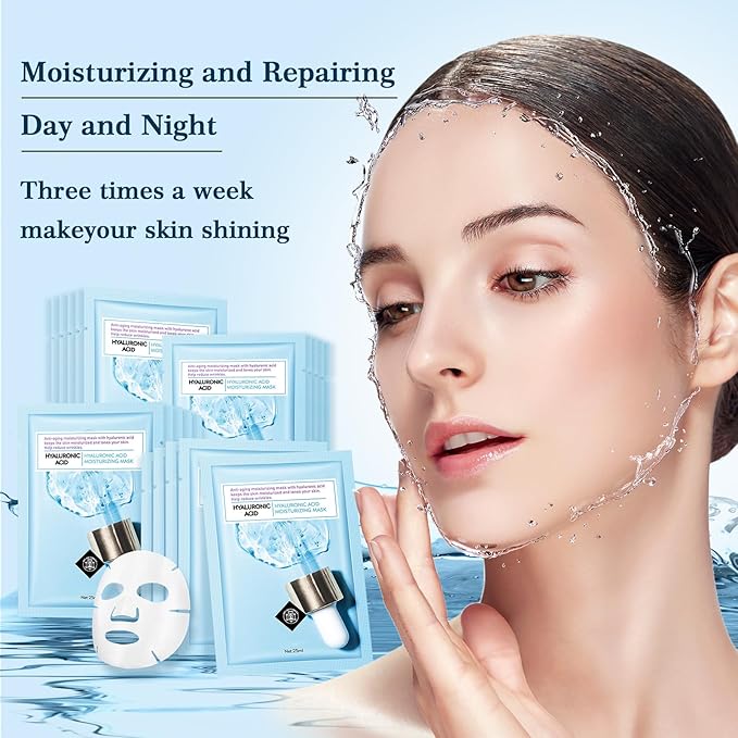 Face Mask Skin Care Hydrating Anti Aging Facial Mask Hyaluronic Acid Sheet Pack Deep Moisturizing Hydration Facemask Sheets for Women SkinCare Beauty Smoothing Rejuvenating Growing Gifts10 Sheets