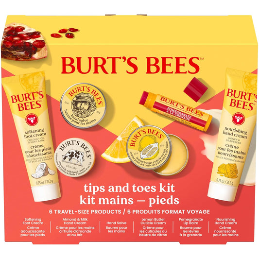 Burt's Bees Christmas Gifts - Tips and Toes Kit, 6 Travel Size Products for Stocking Stuffers - Pomegranate Moisturizing Lip Balm, 2 Hand Creams, Foot Cream, Cuticle Cream, and Hand Salve