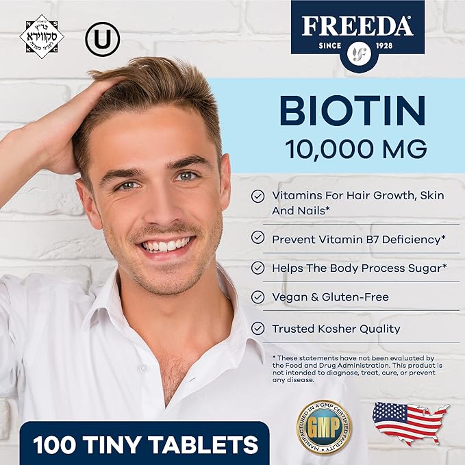 FREEDA Biotin 10,000 mcg – Kosher Hair, Skin & Nails Supplement – High-Potency B7 for Hair Growth & Strong Nails – Vegan Tablets with D-Biotin – 100 Tiny Tablet