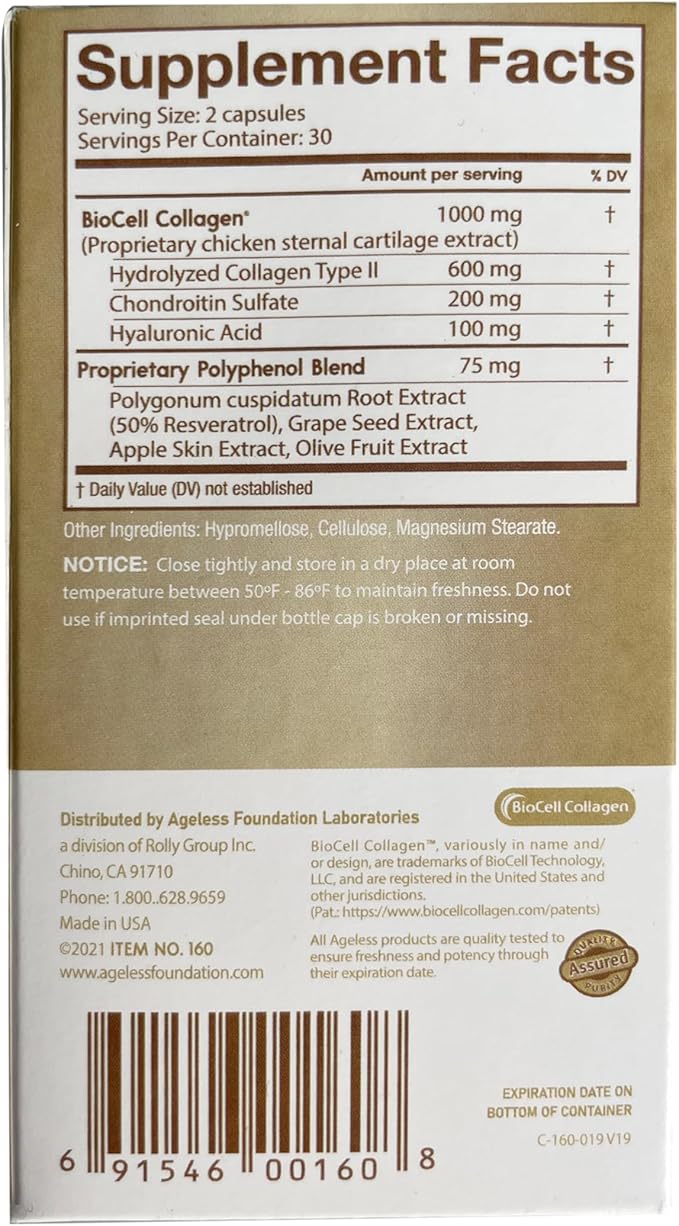 Ageless UltraDERM Gold - Natural Collagen Booster with BioCell Collagen - 60 Count