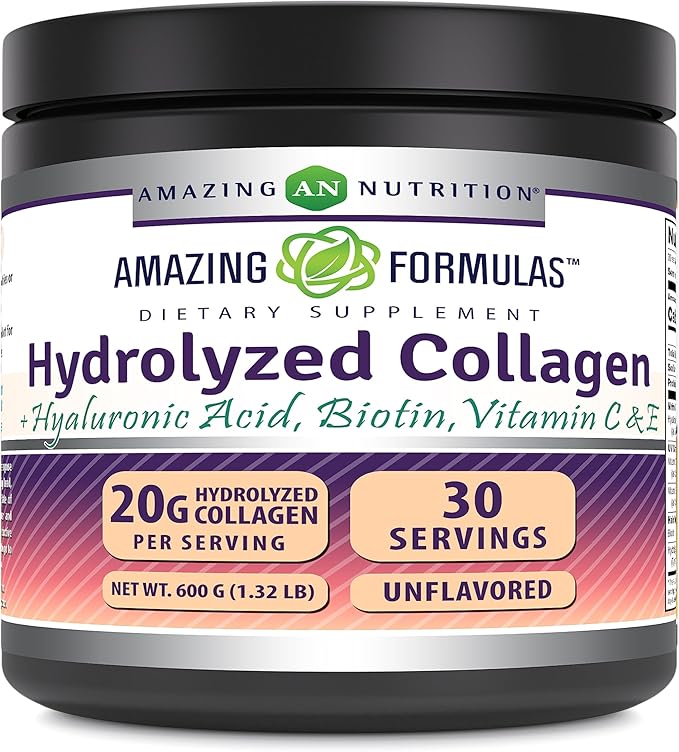 Amazing Formulas Hydrolyzed Bovine Collagen Type I & III Unflavored Powder | 1.32 Lb (600 Grams) | Contains Hyaluronic Acid, Biotin, Vitamin C & E | Non-GMO | Gluten Free