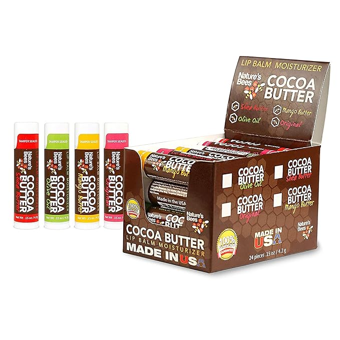 Nature's Bees Cocoa Butter Lip Balm Moisturizer, 24 Pack with 4 Flavors, Original, Shea Butter, Mango Butter, and Olive Oil, Made with Coconut Oil, Beeswax, Vitamin E and Aloe, 0.15 oz