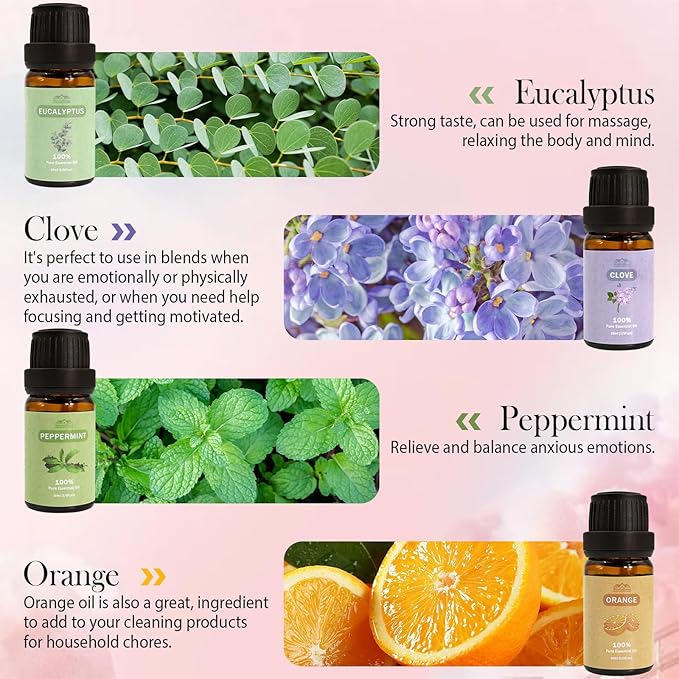 8 Pack 10 ML 2025 Pure Aromatherapy Essential Oil Set Pure Essential Oil Kit for Diffuser for Home,Candle Making Peppermint, Lavender,Eucalyptus,Tea Tree,Rose, Rosemary,Clove Orange