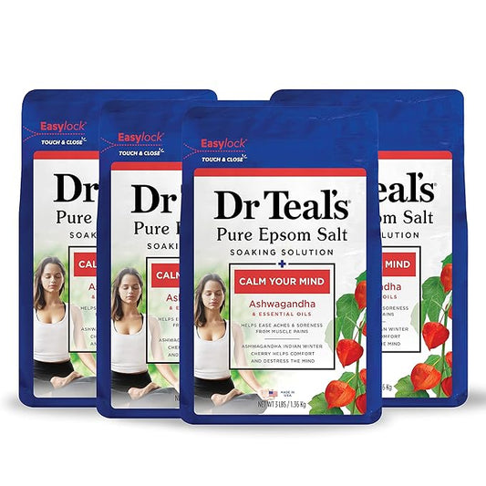 Dr Teal's Pure Epsom Salt, Ashwagandha & Essential Oils, 3 lbs (Pack of 4)