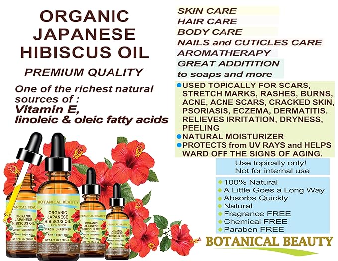 Botanical Beauty Organic HIBISCUS OIL (Hibiscus Sabdariffa) JAPANESE 100 Pure Natural VIRGIN UNREFINED COLD PRESSED Anti Aging, Vitamin E oil for FACE, SKIN, HAIR GROWTH 1 Fl.oz.- 30 ml