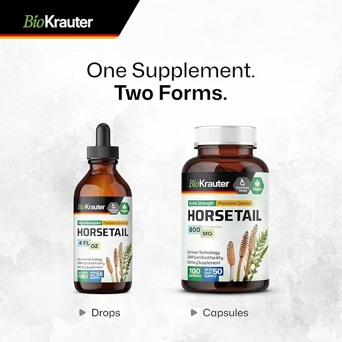 BIO KRAUTER Horsetail Herb Capsules - 800 mg Strength - 100 Count - Horsetail Powder Capsules - Hair Support