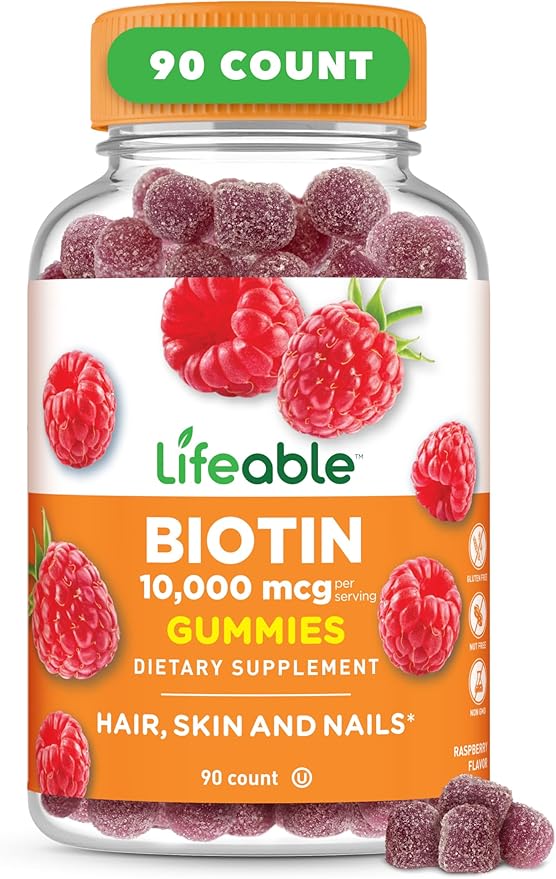 Lifeable Biotin Gummies | 10,000mcg | Great Tasting Hair Skin and Nails Gummies | GMO-Free Vegan Biotin Supplement | Hair Skin and Nails Vitamins for Women | 90 Gummies