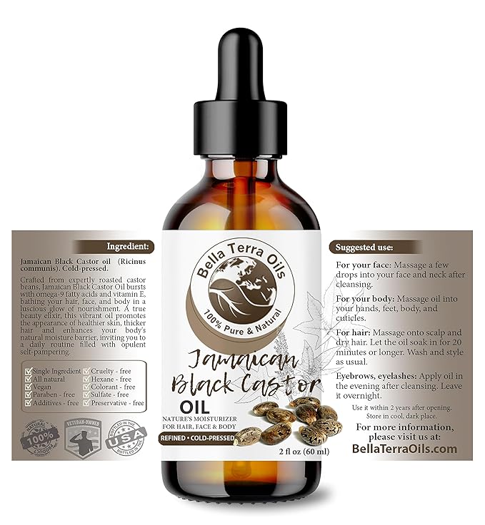Bella Terra Oils - Black Castor Oil 2oz - Cold-Pressed Purity, A Beacon of Natural Beauty, Loaded with Beneficial Fatty Acids