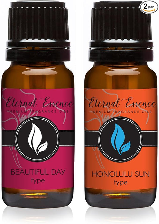 Eternal Essence Oils 2 Pack 10ml Premium Fragrance Oil - Beautiful Day Type & Honolulu Sun Type - for Candle, Soap Making, Aromatherapy, Diffusers, Home Care, & Humidifiers