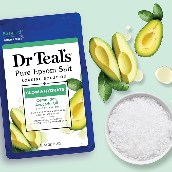 Dr Teal's Pure Epsom Magnesium Salt Soak, Glow & Hydrate with Ceramides & Avocado Essential Oils, 3 lbs