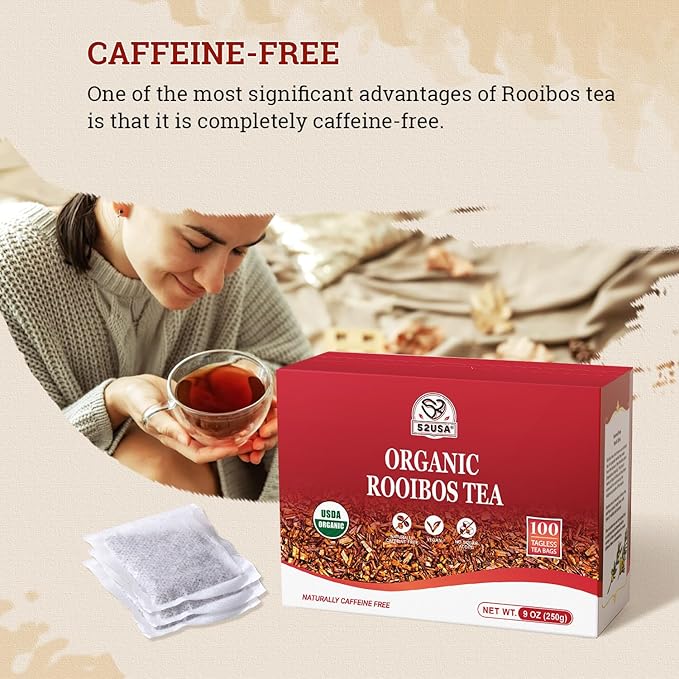 52USA Rooibos Tea Organic, 100 Tea bags, Pure Premuim Rooibos Tea, Naturally Sweet Herbal Tea, Caffeine Free Rooibos Tea, Farmed in South Africa, 9oz (250g)