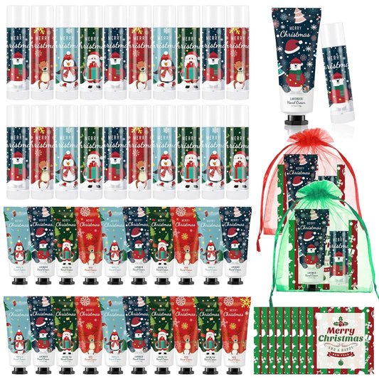 24 Set Christmas Hand Cream Gift Set, Including Moisturizing Christmas Hand Lotion, Xmas Lip Balm, Gauze Bags, Thank You Cards Natural Fragrant Xmas Cream with Lip Balm Gifts