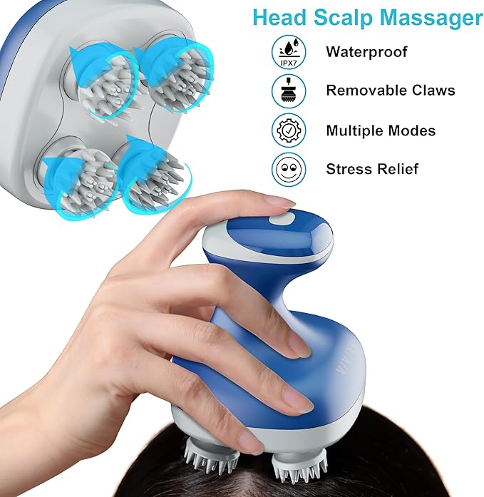 Electric Scalp Massager, Portable Rechargeable Head Massager with 8 Removable Massage Claws, Waterproof Handheld Hair Scalp Scratcher for Full-Body Massage and Stress Relax