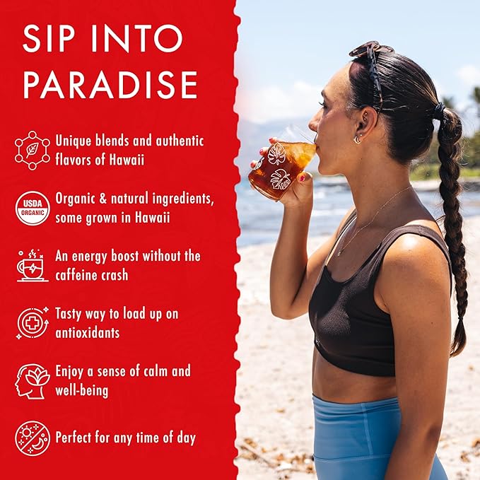 Hawaiian Natural Tea - Organic Hibiscus Bliss Herbal Tea, Caffeine-Free Hibiscus, All-Natural and Antioxidant-Rich Wellness Tea, Vegan and Keto-Friendly, 20 Bags