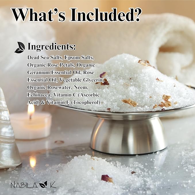 Organic Rose Bath Salts by Nabila K - Dead Sea Salt & Epsom Salt Scrub & Soak - Exfoliates & Hydrates Skin, Botanical Essential Oils - Bubble Bath Accessories for All Skins Types, 2 oz